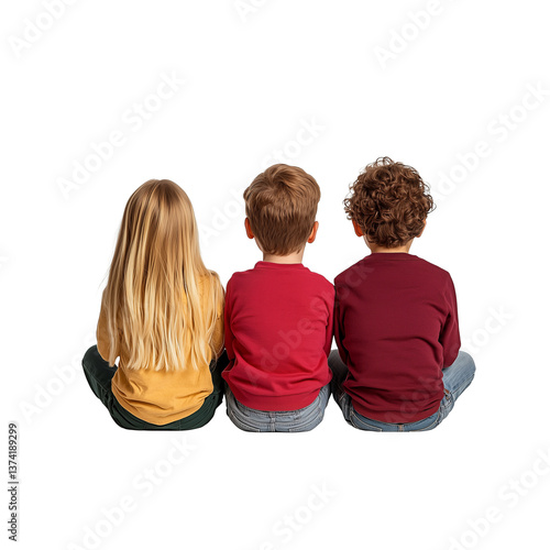 Three children sit side by side, each with distinct hairstyles, wearing colorful sweaters, facing away from the viewer.