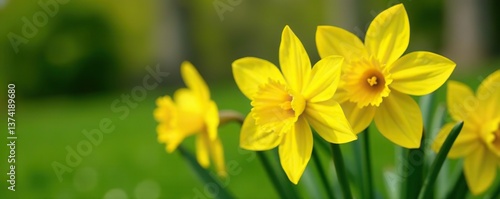 Vibrant yellow spring flowers blooming in a garden, with green foliage in the background,  beauty, Yellow