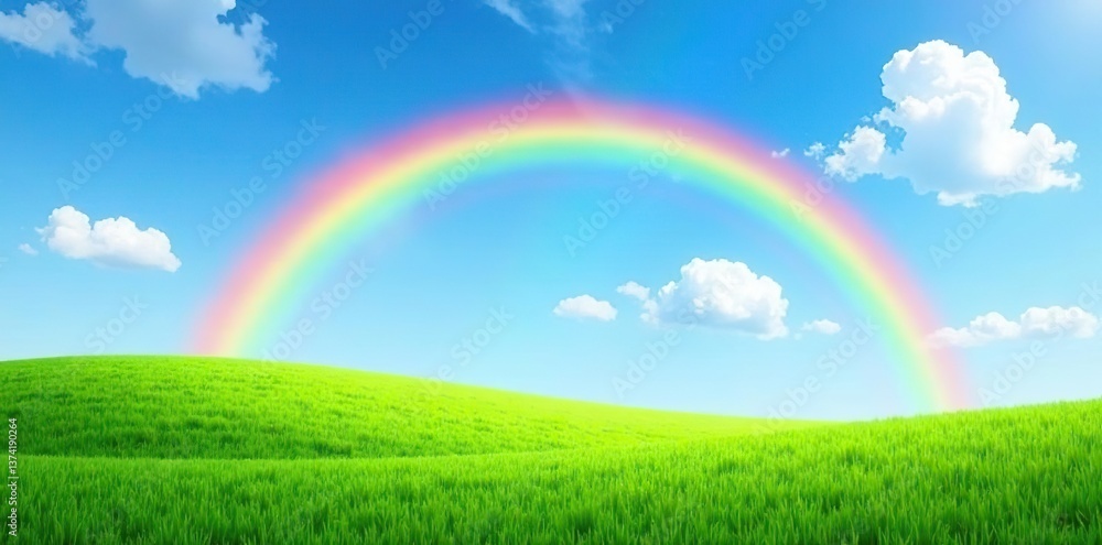 Vibrant rainbow over lush green field with clear blue sky and fluffy white clouds, arcing, lush Vibrant rainbow over lush green field with clear blue sky and fluffy white clouds, arcing, lush