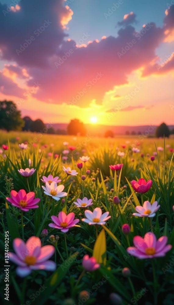 Fototapeta premium Vibrant spring sunrise casting colorful hues on blooming meadow, scenic, meadow