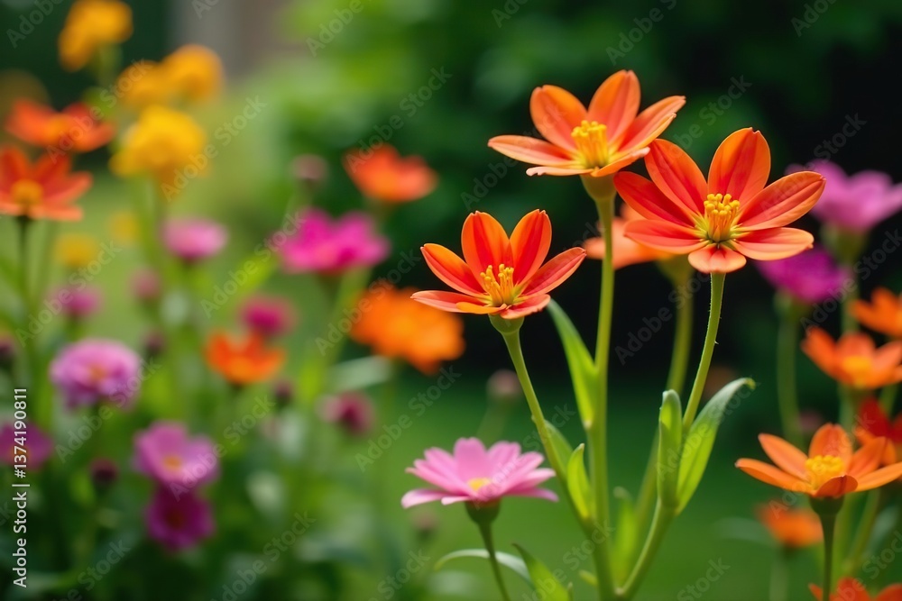 Vibrant Crocosmia flowers in full bloom surrounded by a colorful assortment of flowers and plants in a garden, foliage, flowers Vibrant Crocosmia flowers in full bloom surrounded by a colorful assortment of flowers and plants in a garden, foliage, flowers