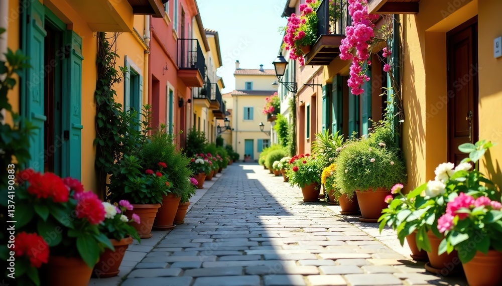 Fototapeta premium Vibrant street lined with numerous potted plants and blooming flowers, decoration, scenery