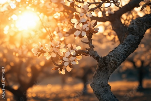 Blooming cherry blossoms glowing in sunlight  