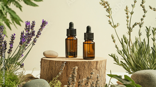 product photography mockups of various skincare essences black shampoo, cream, serum, oil,  containers set on a wooden podium in the gradient herbal background. mockup 
