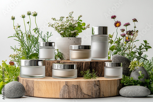 product photography mockups of various skincare essences transparent shampoo, cream, serum, oil,  containers set on a wooden podium in the gradient herbal background. mockup 