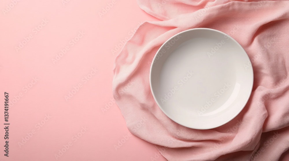 Round white plate sitting atop a pink textured fabric Round white plate sitting atop a pink textured fabric