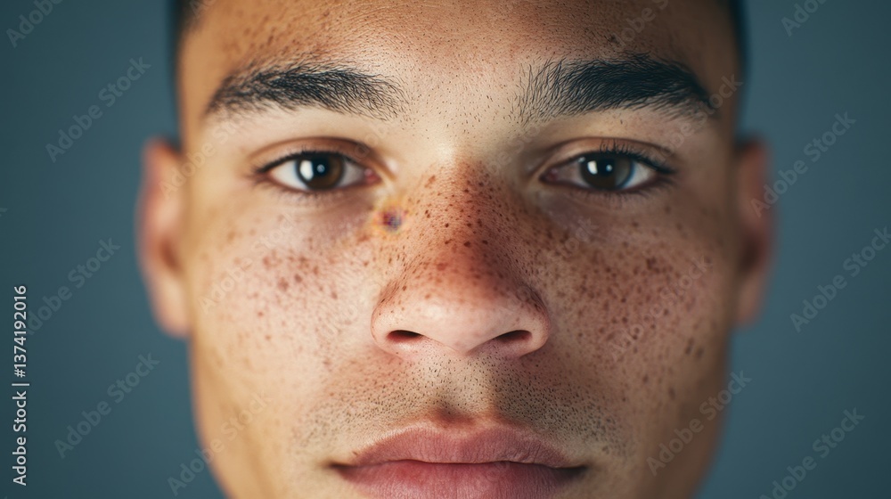 Obraz premium Front-facing man with hyperrealistic, perfectly blended facial features from different people, captured in 8K with soft professional lighting