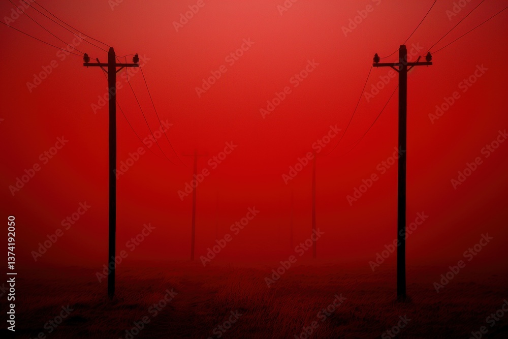Obraz premium A haunting landscape with silhouetted power poles engulfed in a thick, red fog, creating an eerie and surreal atmosphere.