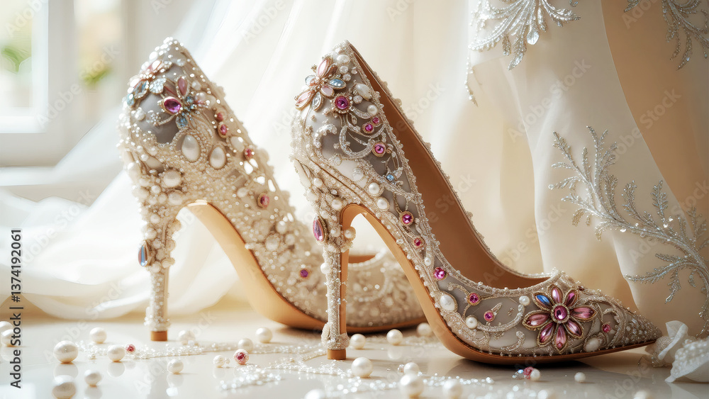 Obraz premium Exquisite Beaded Wedding Shoes with Pearls and Crystals