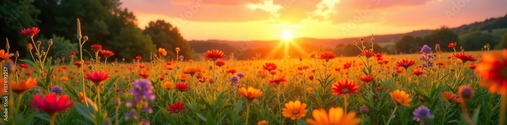Vibrant summer meadow with wildflowers bathed in the warm hues of a beautiful sunset, tranquil, beauty Vibrant summer meadow with wildflowers bathed in the warm hues of a beautiful sunset, tranquil, beauty