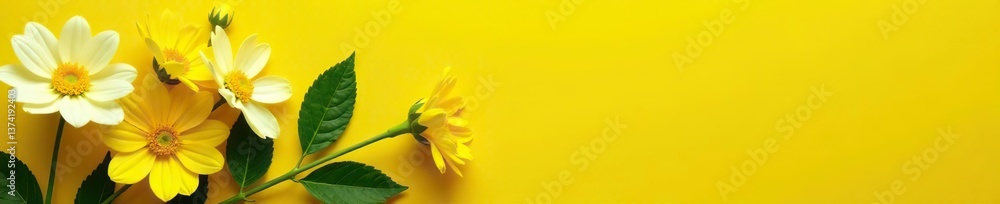 Obraz premium Vibrant display of yellow and white flowers and green leaves on bright yellow background, cheerful, arrangement