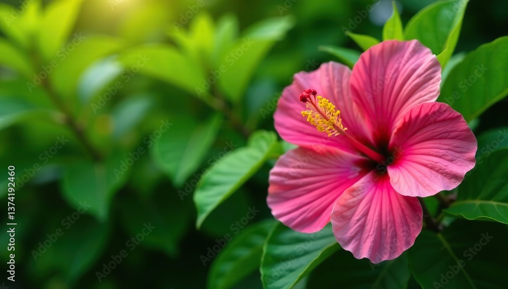 Vibrant pink hibiscus flowers in full bloom against lush green foliage, hibiscus, tropical Vibrant pink hibiscus flowers in full bloom against lush green foliage, hibiscus, tropical