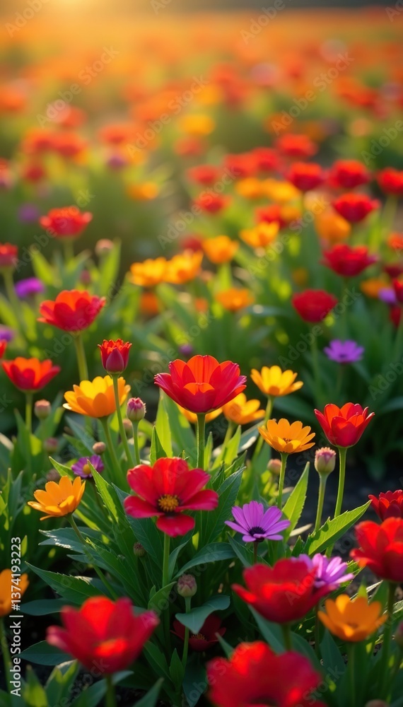 Vibrant field of colorful flowers in red, yellow, and purple hues scattered throughout the image, purple, meadow Vibrant field of colorful flowers in red, yellow, and purple hues scattered throughout the image, purple, meadow