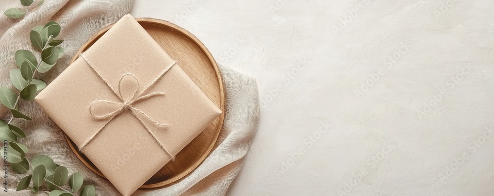 Minimalist thank-you cards laid on a circular wooden tray, decorative leaves and fabric folds enhancing composition, random soft earthy colors, no text. Minimalist thank-you cards laid on a circular wooden tray, decorative leaves and fabric folds enhancing composition, random soft earthy colors, no text.