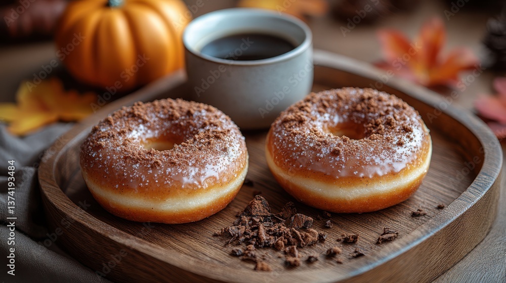 Two glazed donuts with cocoa topping, autumn setting. Two glazed donuts with cocoa topping, autumn setting.