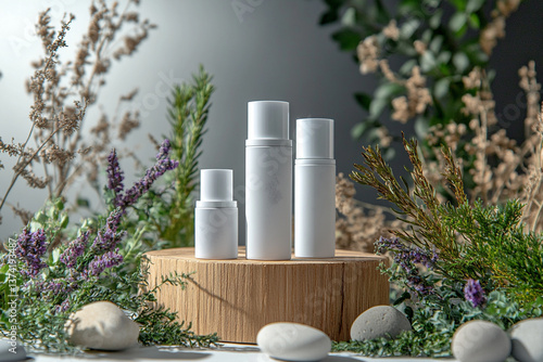 product photography mockups of various skincare essences white shampoo, cream, serum, oil,  containers set on a wooden podium in the gradient herbal background. mockup 