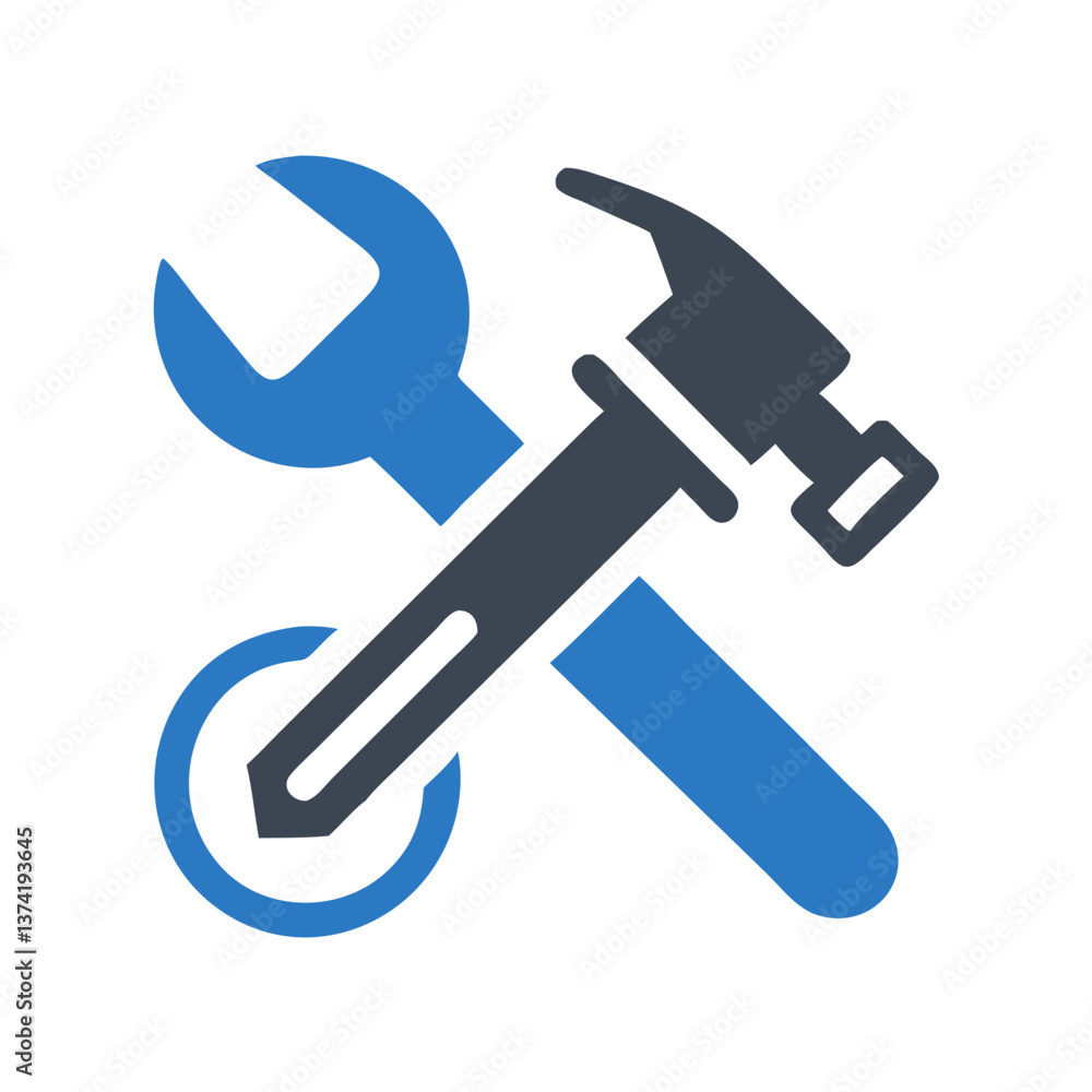 Stylized tools icon featuring wrench and hammer in blue colors for repair and maintenance themes Stylized tools icon featuring wrench and hammer in blue colors for repair and maintenance themes