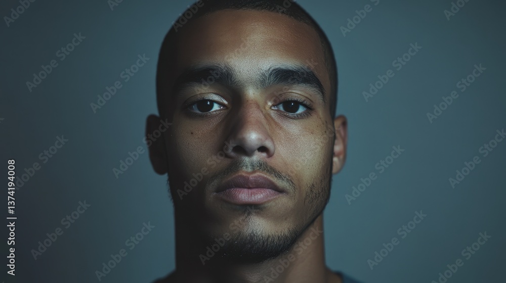 Front-facing portrait of a man, blending multiple ethnic features into a seamless fusion with neutral expression Front-facing portrait of a man, blending multiple ethnic features into a seamless fusion with neutral expression