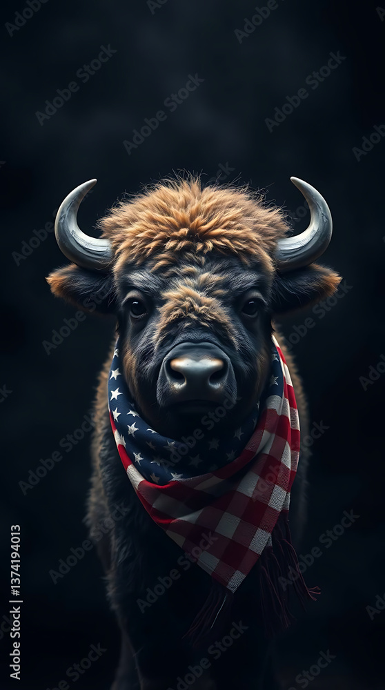 Naklejka premium Bison wearing America on black background, 4th of July, America Independence Day, created by generative ai