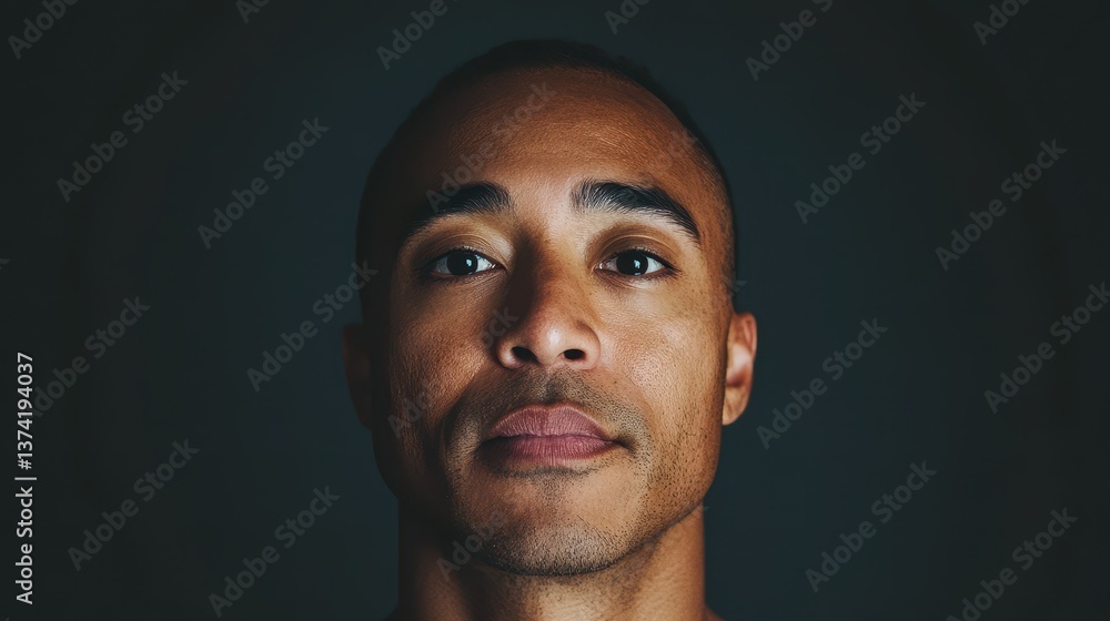 Fototapeta premium Front-facing portrait of a man, blending multiple ethnic features into a seamless fusion with neutral expression