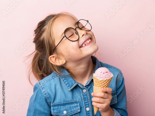 Wallpaper Mural a young girl with blonde hair pulled back in a ponytail, wearing round black glasses and a denim shirt, joyfully holding a pink ice cream cone Torontodigital.ca