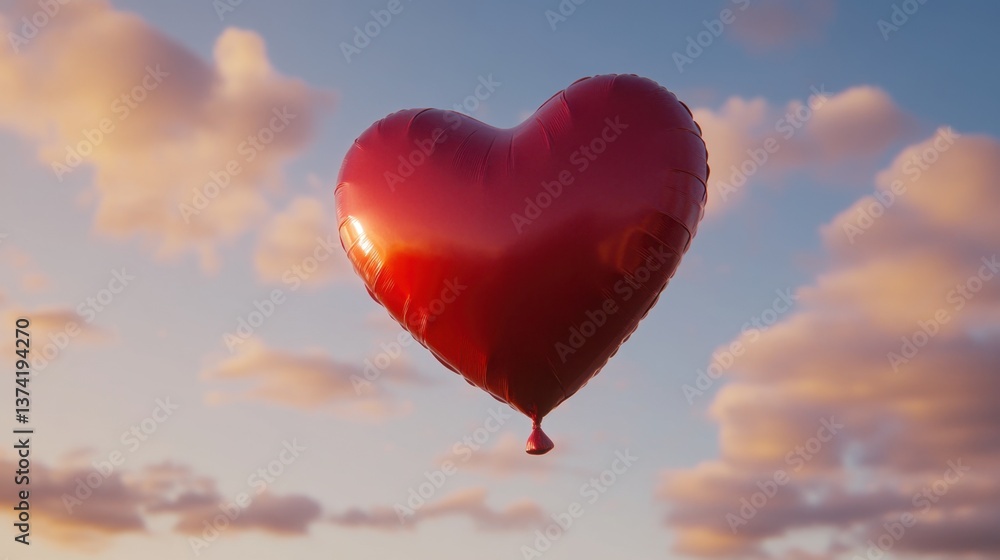Fototapeta premium Floating heart-shaped balloon in vibrant red against a soft cloudy sky background