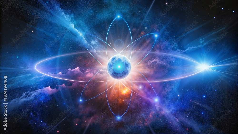 Obraz premium Glowing atom in futuristic space background