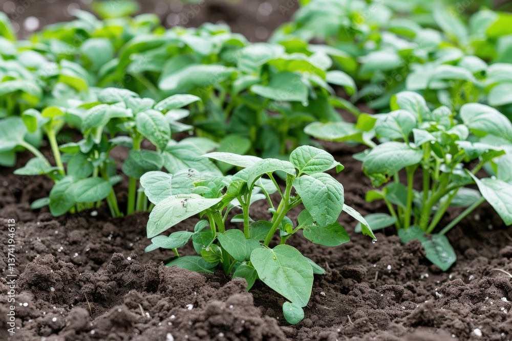Lush green potato plants thrive in rich, dark soil, showcasing healthy growth in a garden environment. Lush green potato plants thrive in rich, dark soil, showcasing healthy growth in a garden environment.