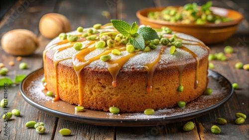 Wallpaper Mural Moist Revani sponge cake with a sweet syrup drizzled on top, garnished with chopped pistachios and a sprinkle of powdered sugar, baking, greenery Torontodigital.ca