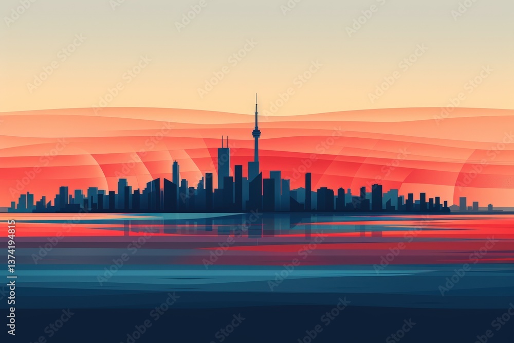 Obraz premium City skyline at sunset reflected in calm water, stylized graphic illustration.