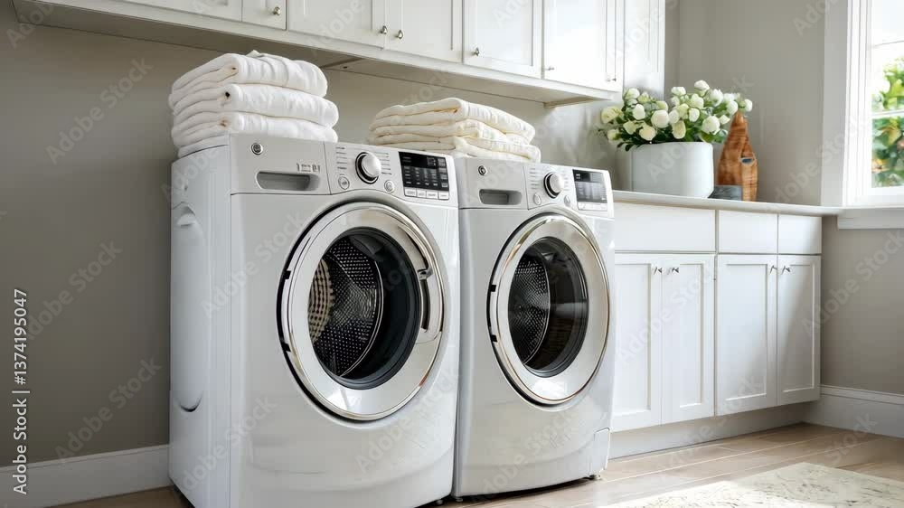 Cozy and Modern Laundry Room with Washer and Dryer in Bright Space Cozy and Modern Laundry Room with Washer and Dryer in Bright Space
