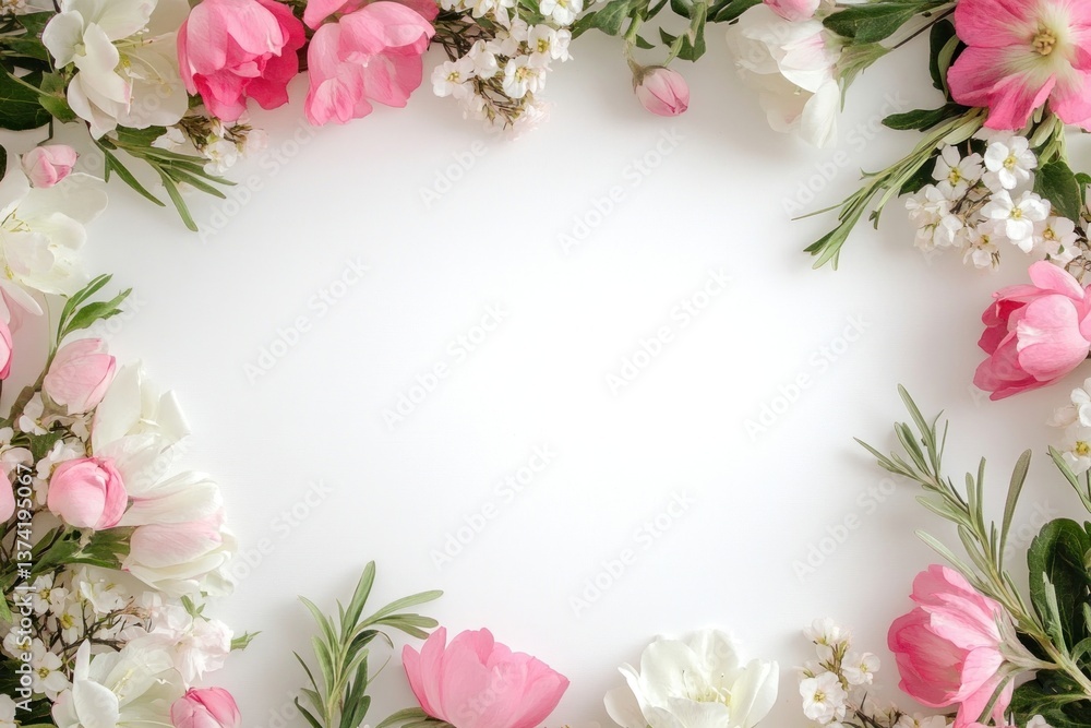 Fototapeta premium Spring floral frame border flowers background blossoms.