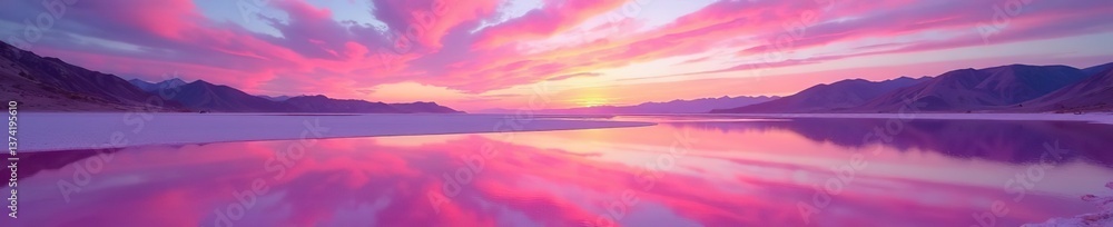 Vibrant pink salt lake reflecting the colorful sky, colorful sky, salt Vibrant pink salt lake reflecting the colorful sky, colorful sky, salt
