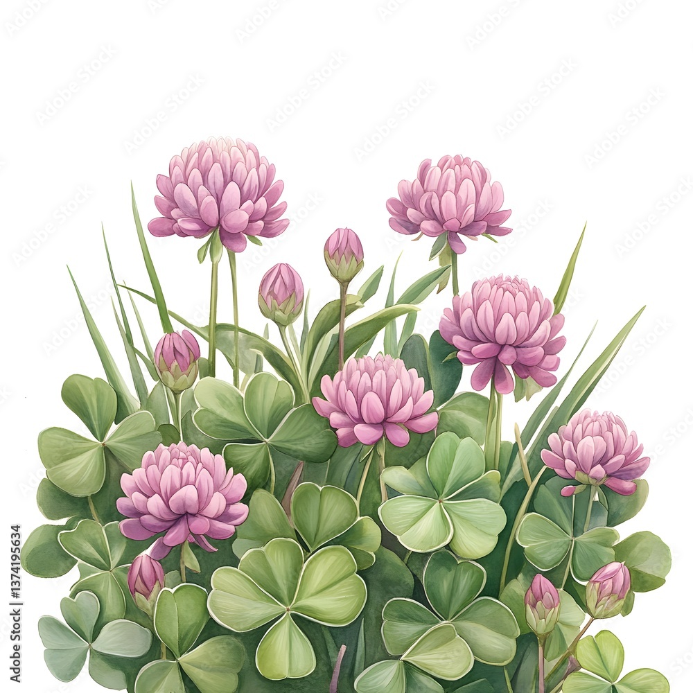 Obraz premium Delicate Pink Clover Flowers and Lush Green Foliage Botanical Illustration