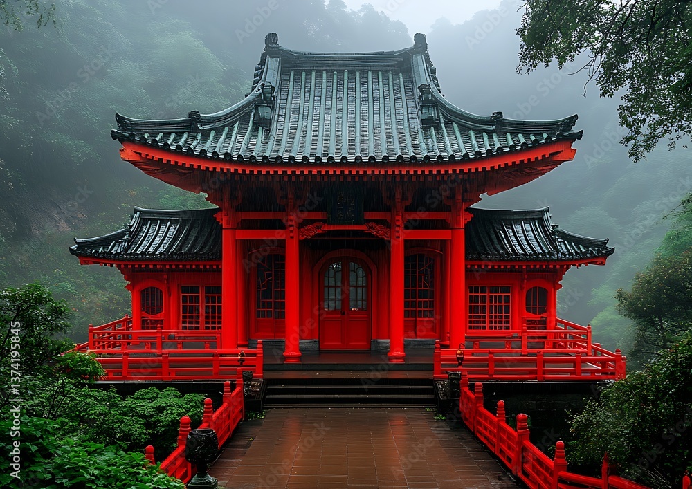 Obraz premium Red temple with misty mountain.