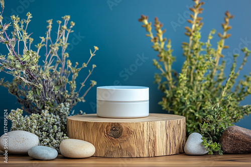 product photography mockups of various skincare essences white shampoo, cream, serum, oil,  containers set on a wooden podium in the gradient herbal background. mockup 
