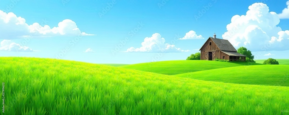 Obraz premium Vibrant green fields under a clear blue sky with a rustic barn in the distance, peaceful, serene