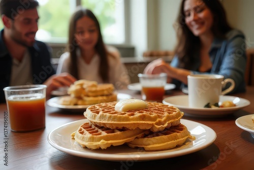 Delicious Waffles with Butter Served on a Wooden Table Setting
