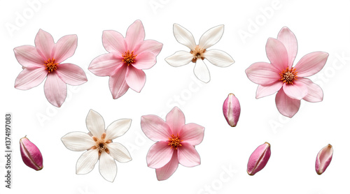 Delicate pastel pink flowers isolated on white for elegant design layouts. Use for spring, wedding, or botanical themes. Isolated on transparent background.