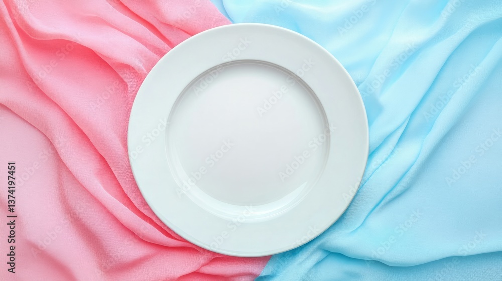 Elegant white plate is displayed atop pink and blue chiffon Elegant white plate is displayed atop pink and blue chiffon