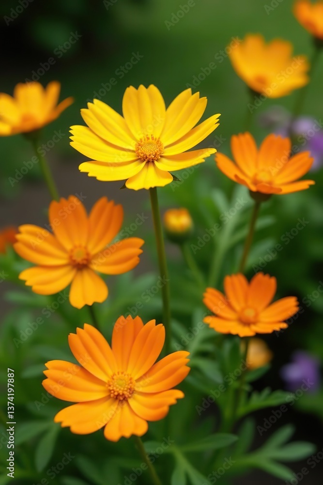 Vibrant yellow and orange cosmos - coreopsis flowers blooming in a garden,  nature,  petals