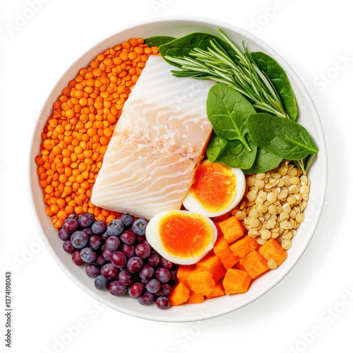 The bowl with realistic raw ingredients on white background. The bowl is shown in top view. The ingredients are cut in big chunks or shown as a whole. The bowl contains white fish fillet in a whole 