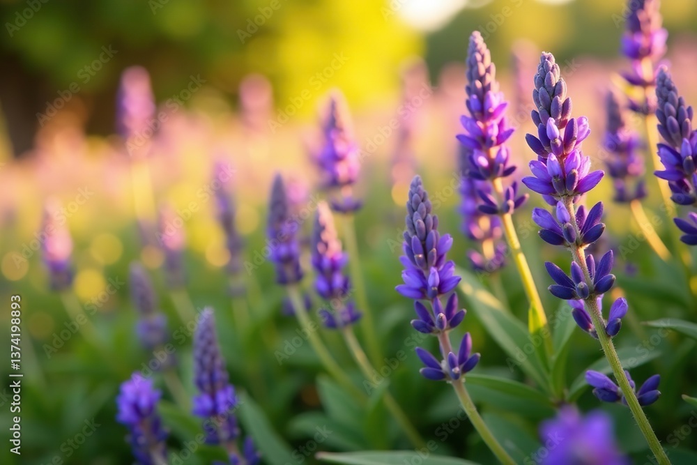 Obraz premium Vibrant purple flowers blooming among golden leaves and lavender in a lush field, field, peaceful