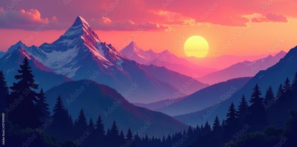 Obraz premium Vibrant sunset over majestic mountain ridges with stunning colors, layered landscapes, nature's beauty Majestic Ridge illustration, vibrant, beauty