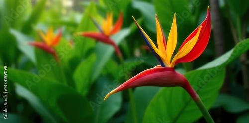 Vibrant Heliconia Psittacorum flowers in full bloom, showcasing their bright red and yellow hues against lush green foliage,  psittacorum,  Ecuador