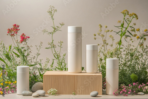 product photography mockups of various skincare essences white shampoo, cream, serum, oil,  containers set on a wooden podium in the gradient herbal background. mockup 