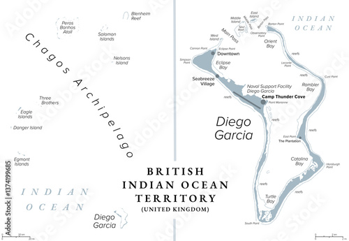 British Indian Ocean Territory, BIOT, gray political map. Atolls of Chagos Archipelago in the Indian Ocean with largest island Diego Garcia, the site of a Joint Military Facility of the U.K. and USA.
