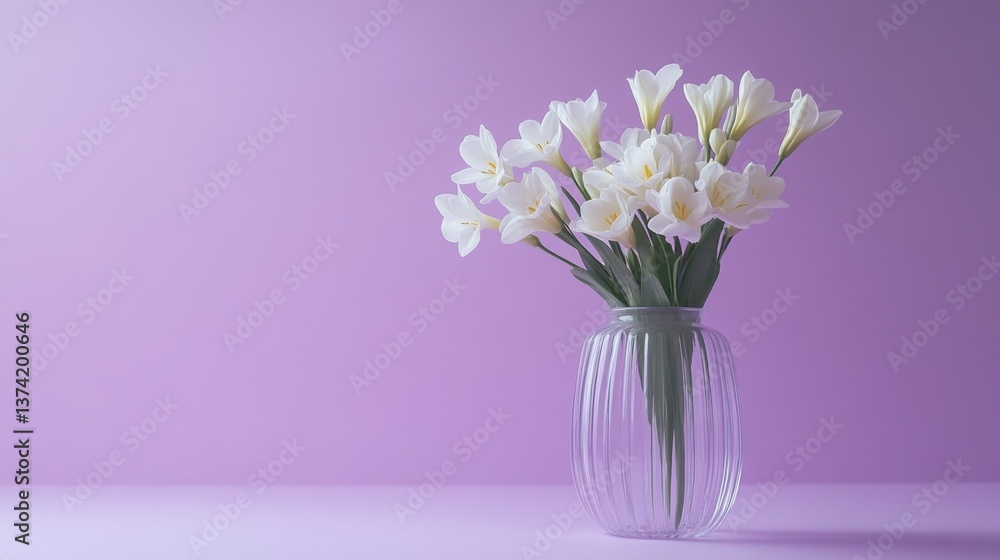 Soft white freesias in a tall frosted vase, standing against a pastel lilac background Soft white freesias in a tall frosted vase, standing against a pastel lilac background