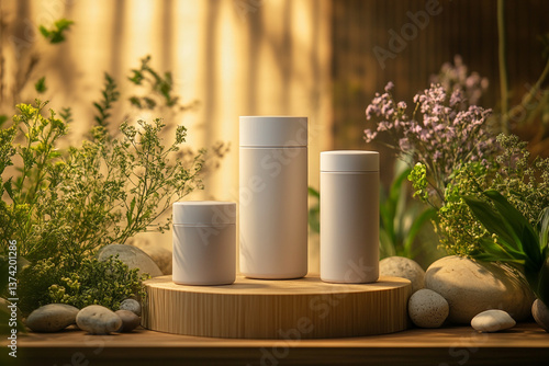 product photography mockups of various skincare essences white shampoo, cream, serum, oil,  containers set on a wooden podium in the gradient herbal background. mockup 