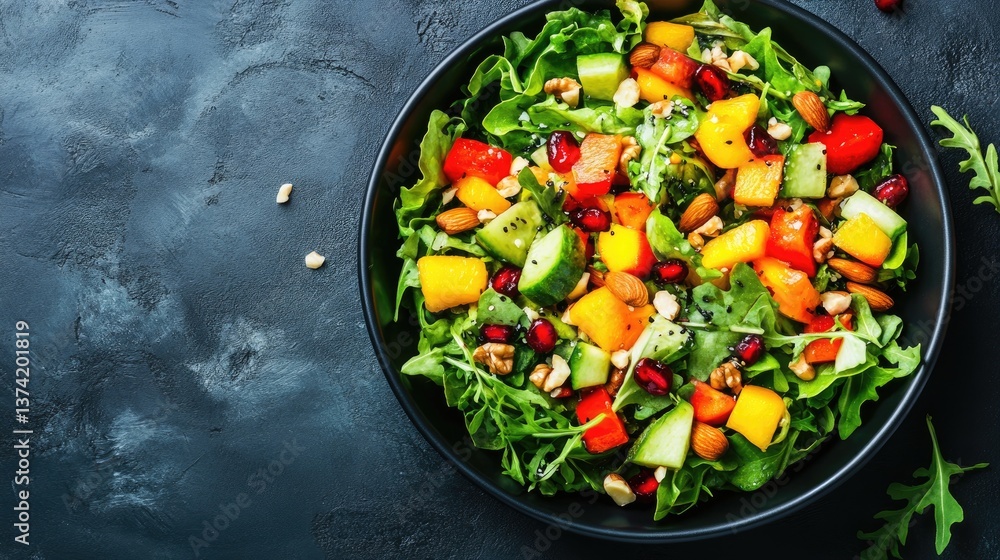 Fresh and Colorful Salad with Fruits and Nuts on Dark Background Fresh and Colorful Salad with Fruits and Nuts on Dark Background